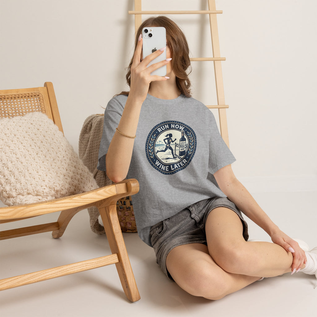 Run Now Wine Later T-Shirt — Funny Runner Wine Shirt for Runners & Wine Lovers