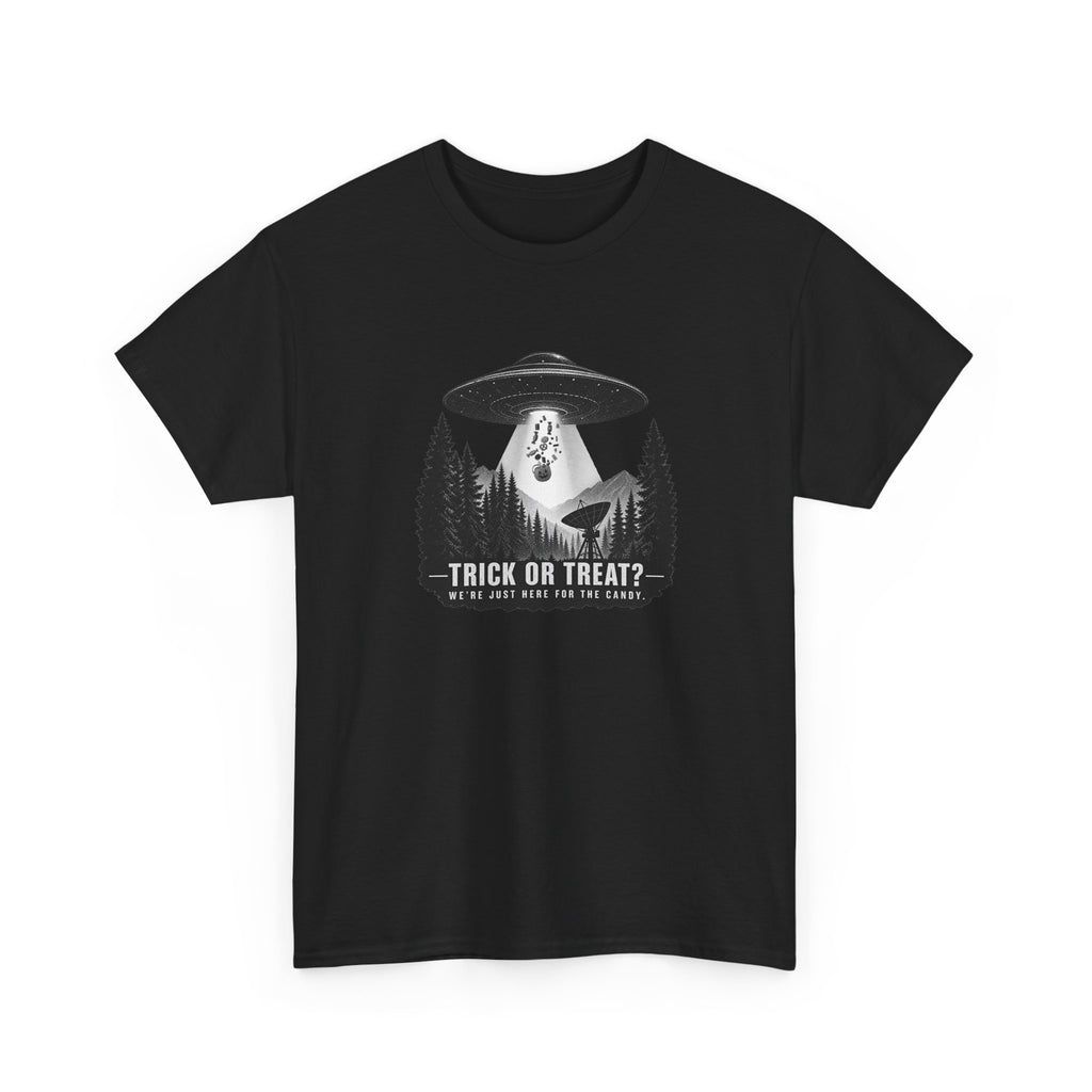 Halloween UFO T-Shirt – We’re Just Here for the Candy Alien Tee | Funny Alien Shirt