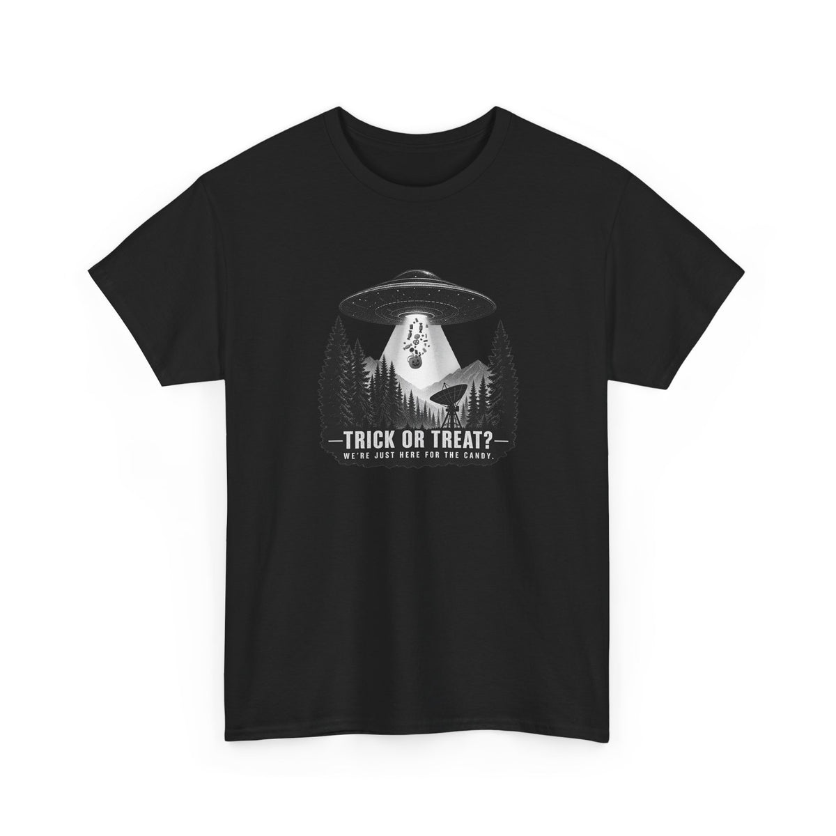 Halloween UFO T-Shirt – We’re Just Here for the Candy Alien Tee | Funny Alien Shirt