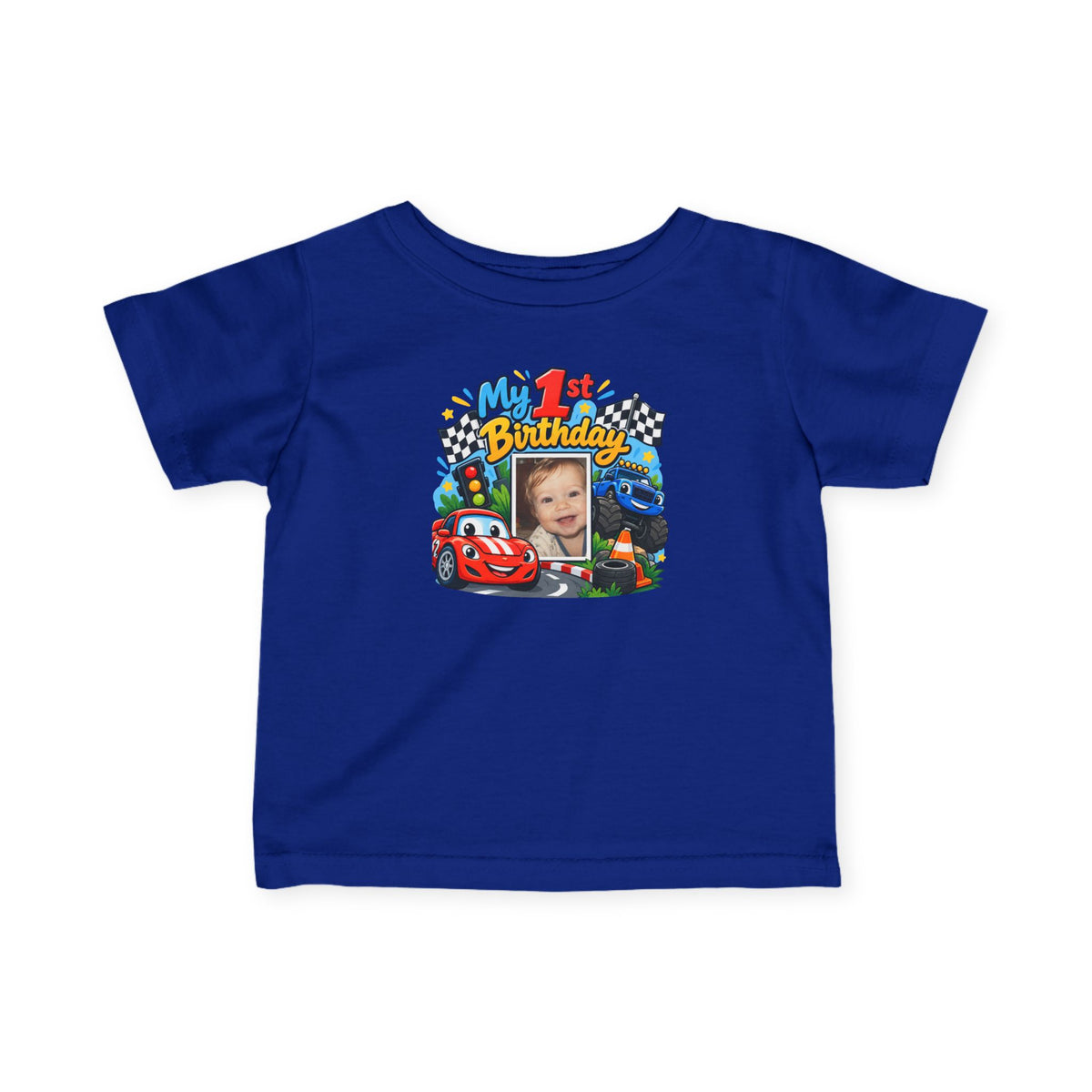 1st Birthday Photo Baby Shirt – Race Car Infant Tee | Personalized