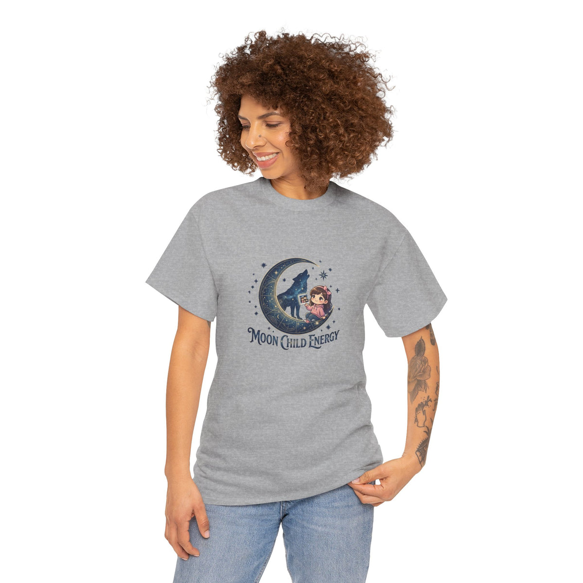 Moon Child Energy T-Shirt — Cute Wolf & Moon Graphic Tee