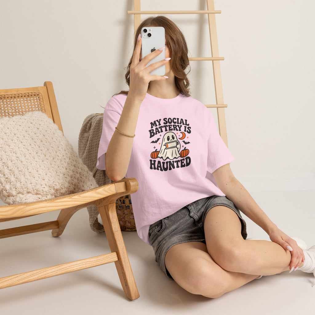 Funny Halloween T-Shirt - My Social Battery's Haunted Ghost Tee | Introvert Gift