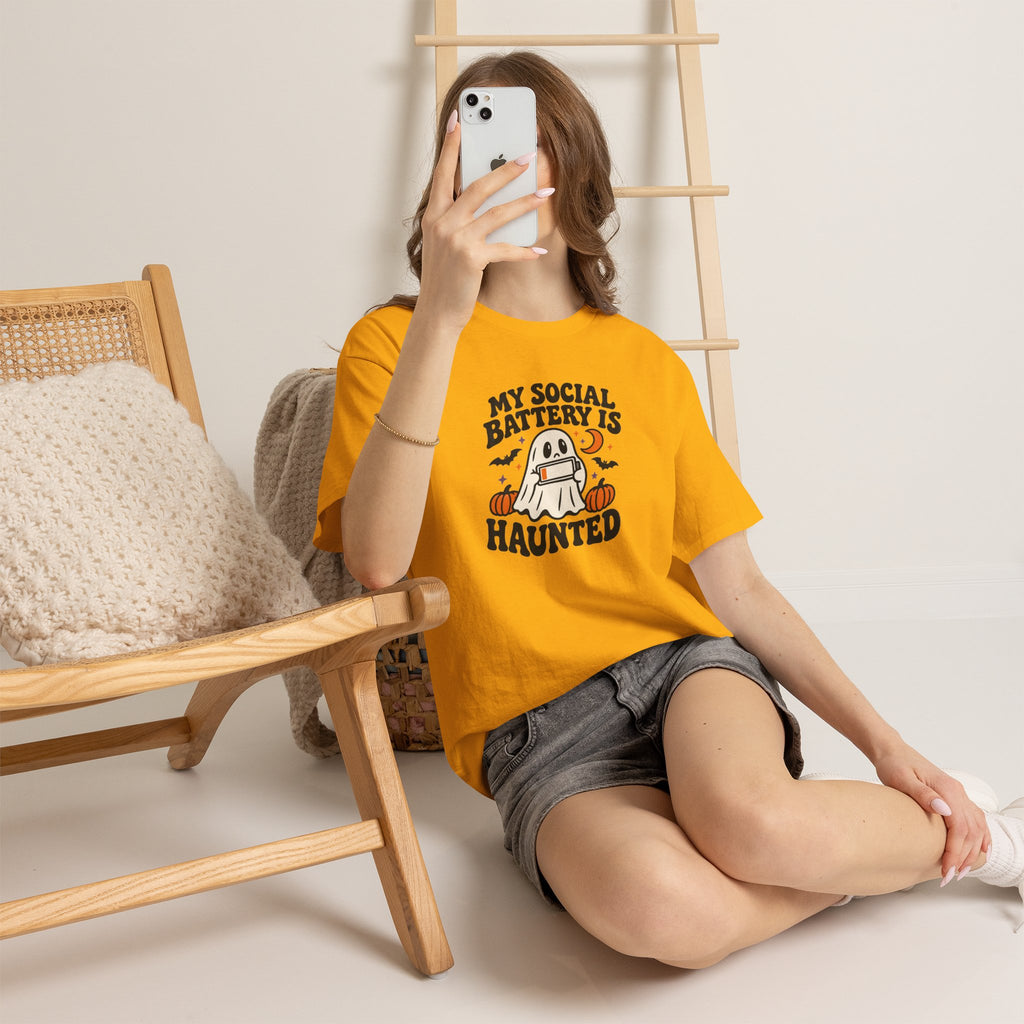 Funny Halloween T-Shirt - My Social Battery's Haunted Ghost Tee | Introvert Gift