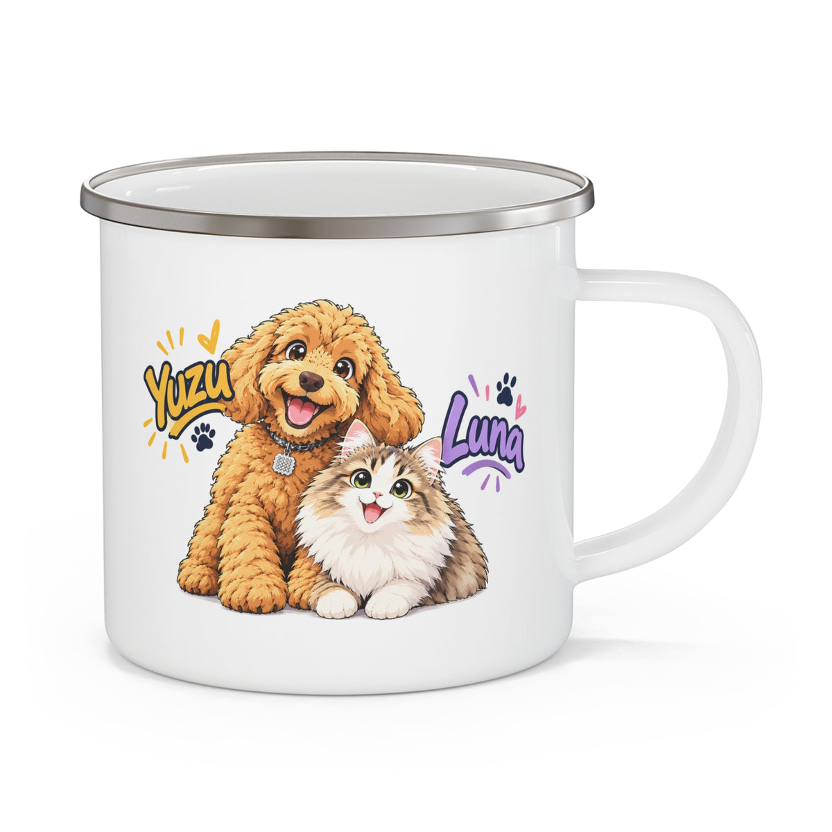 Personalized Pet Enamel Mug – Custom Cartoon-Style Dog & Cat Photo Mug | 12oz
