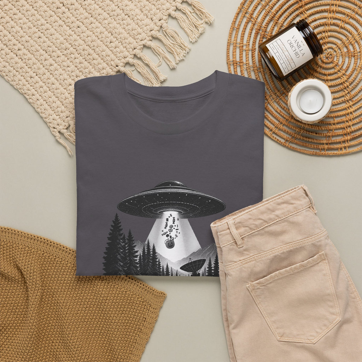 Halloween UFO T-Shirt – We’re Just Here for the Candy Alien Tee | Funny Alien Shirt