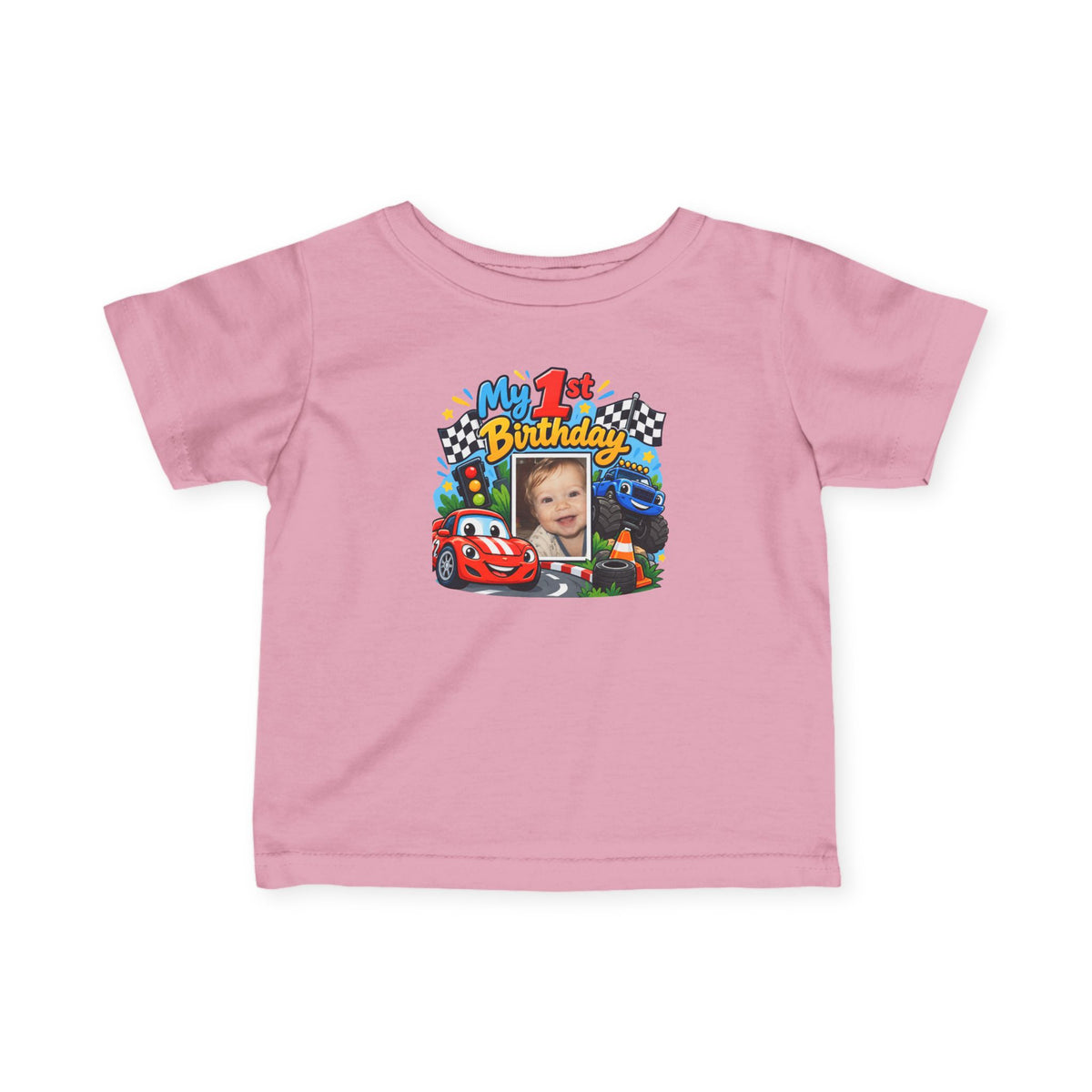 1st Birthday Photo Baby Shirt – Race Car Infant Tee | Personalized