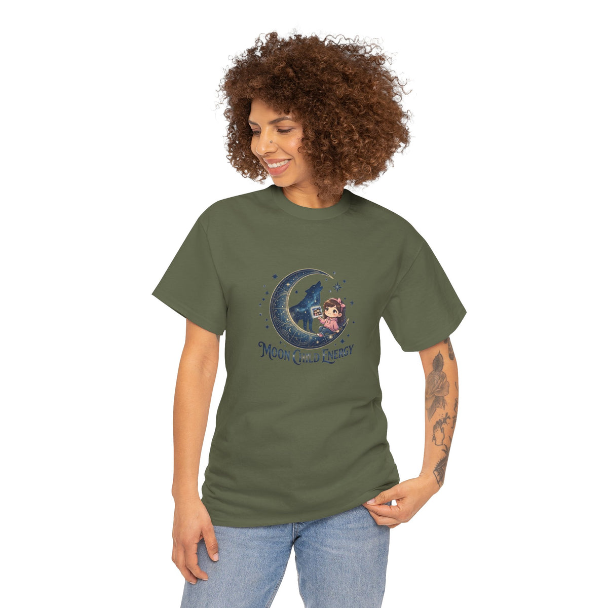 Moon Child Energy T-Shirt — Cute Wolf & Moon Graphic Tee
