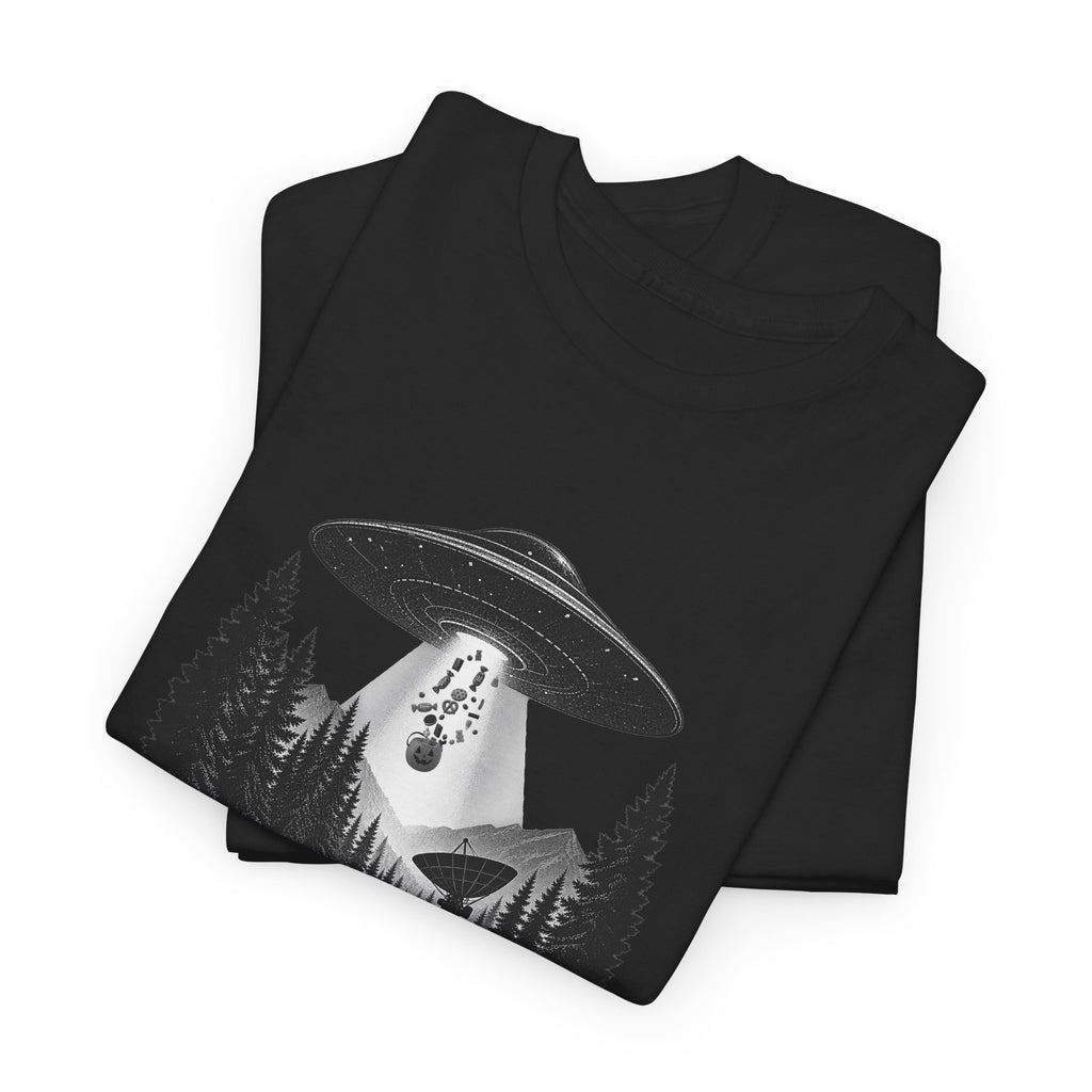 Halloween UFO T-Shirt – We’re Just Here for the Candy Alien Tee | Funny Alien Shirt