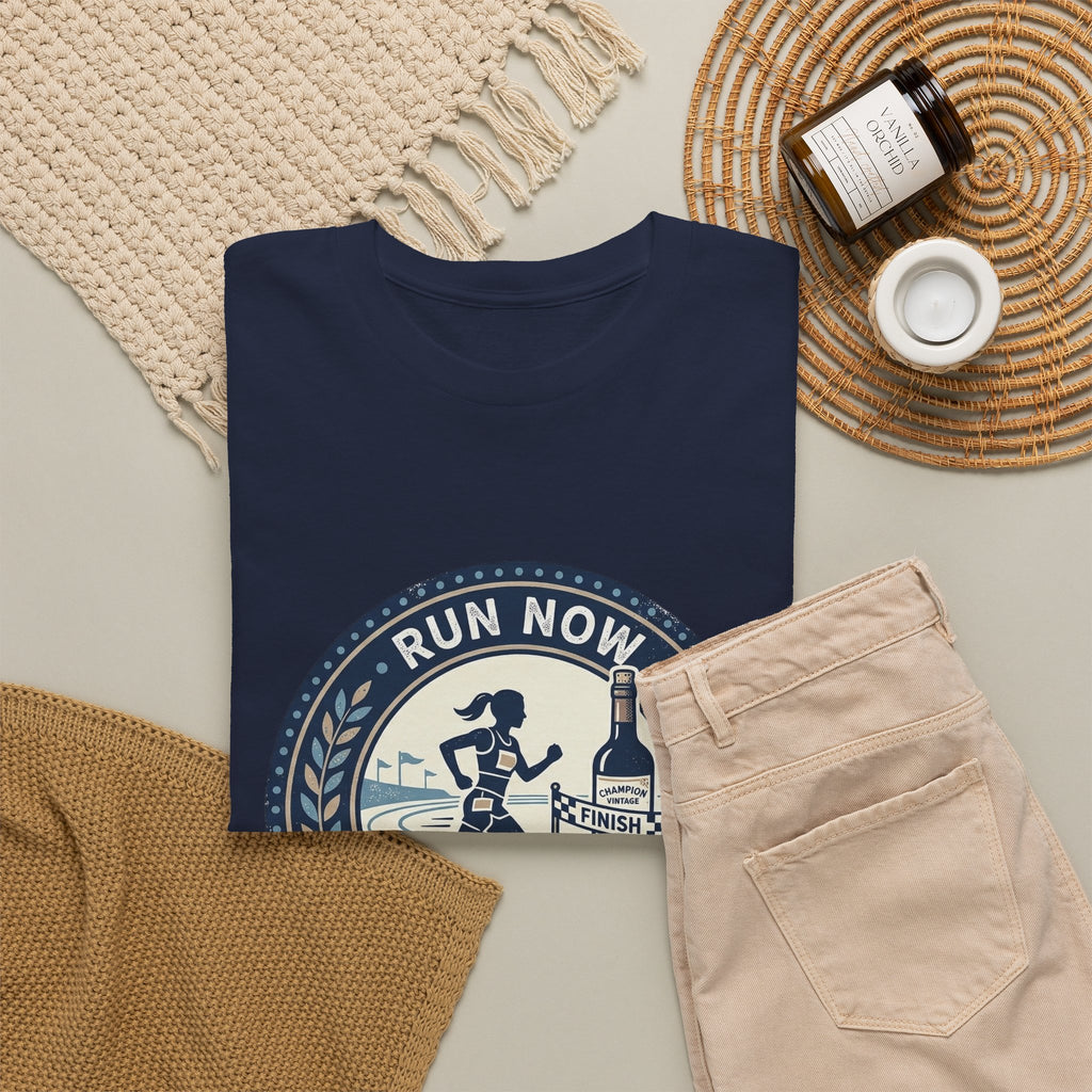 Run Now Wine Later T-Shirt — Funny Runner Wine Shirt for Runners & Wine Lovers