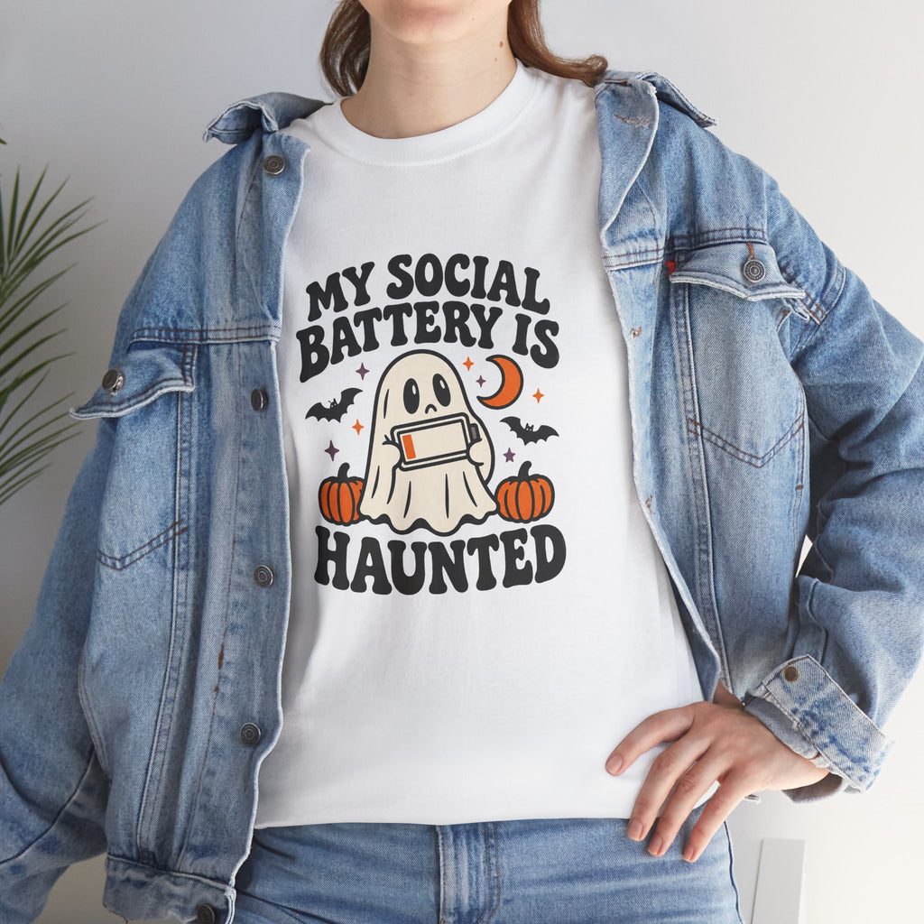 Funny Halloween T-Shirt - My Social Battery's Haunted Ghost Tee | Introvert Gift
