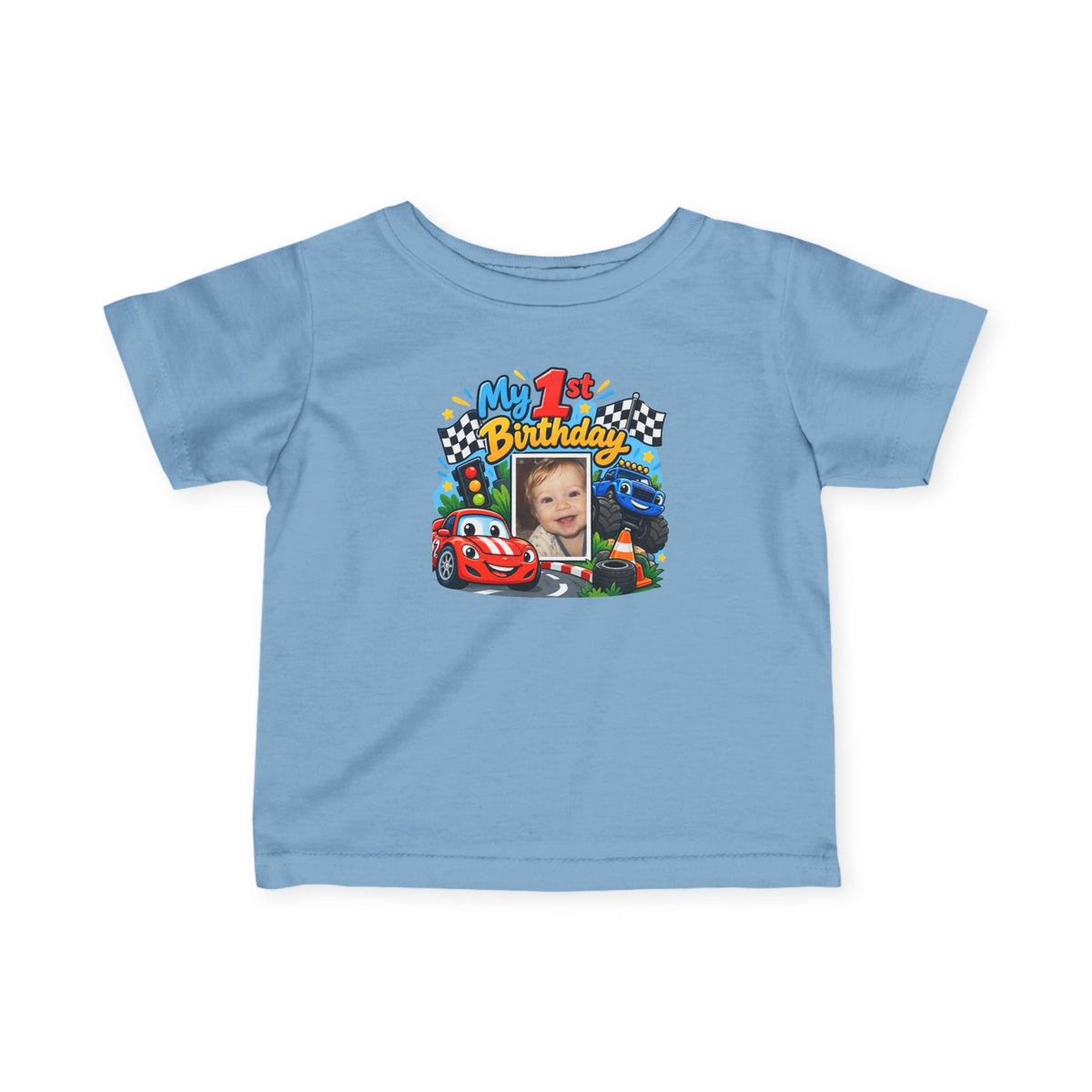 1st Birthday Photo Baby Shirt – Race Car Infant Tee | Personalized