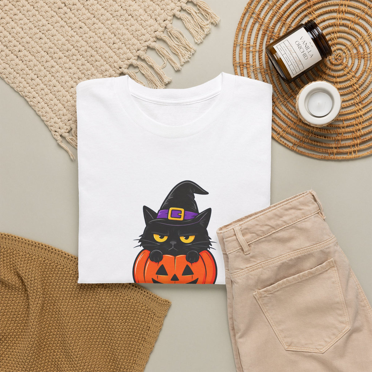 Halloween Cat T-Shirt – I’m Just Here For The Treats Pumpkin Witch Tee